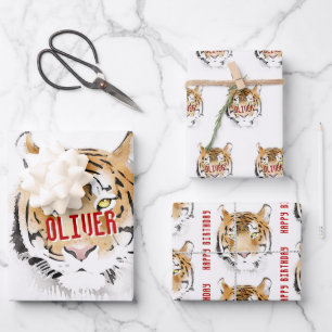 Feuille De Papier Cadeau Aquarelle de tigre Animal Joyeux anniversaire