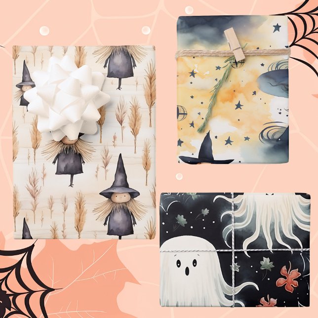 Feuille De Papier Cadeau Aquarelle d'Halloween lunaire, Sorcières, Fantômes (Créateur téléchargé)