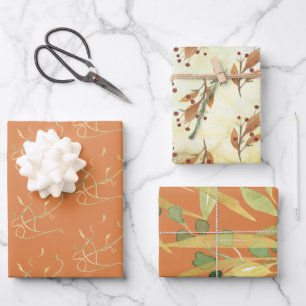 Feuille De Papier Cadeau Aquarelle d'or Foliage et Berries Assortis