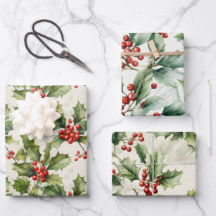 Feuille De Papier Cadeau Aquarelle douce Holly & Berries Design élégant