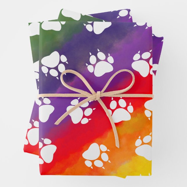 Feuille De Papier Cadeau Aquarelle Empreinte de patte chats Rainbow personn (En situation)
