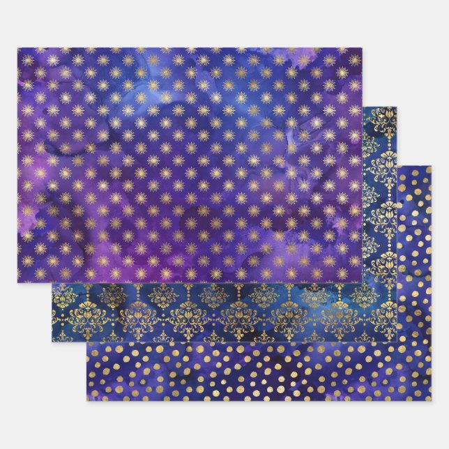 Feuille De Papier Cadeau Aquarelle Étoiles Dorées & Motifs Damassés (Lot)
