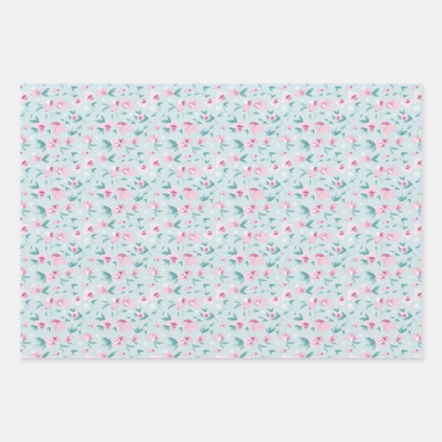 Feuille De Papier Cadeau Aquarelle feminine rose Ditsy motif floral (Devant)