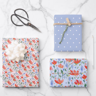 Feuille De Papier Cadeau Aquarelle fleur sauvage En Rouge Doux Et Bleu