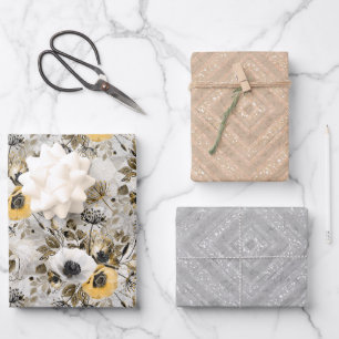 Feuille De Papier Cadeau Aquarelle fleurs blanches jaunes