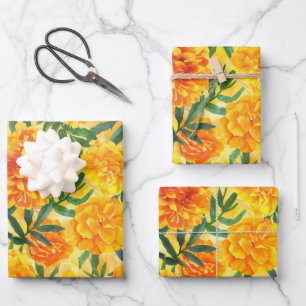 Feuille De Papier Cadeau Aquarelle Fleurs de type Marigold jaune et orange