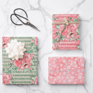 Feuille De Papier Cadeau Aquarelle Fleurs Roses Roses & Bandes de Paillette