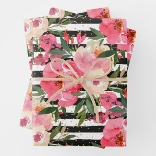 Feuille De Papier Cadeau Aquarelle Fleurs roses sur Blancs Noirs