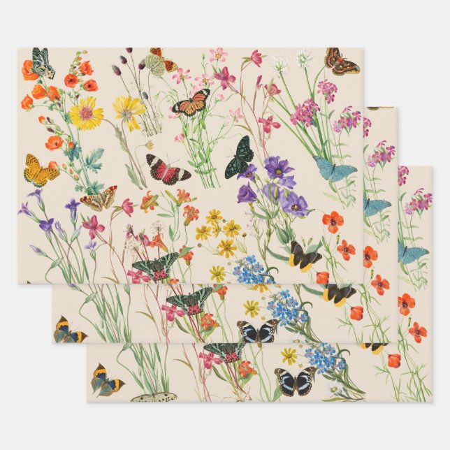 Feuille De Papier Cadeau Aquarelle Fleurs sauvages & papillons Jardin Flora (Lot)