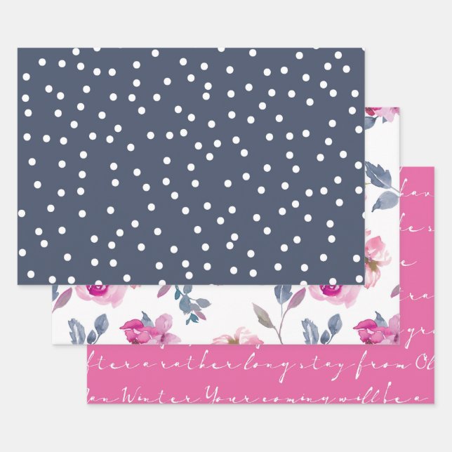 Feuille De Papier Cadeau Aquarelle Floral rose et Motif bleu (Lot)