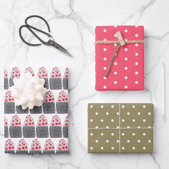 Feuille De Papier Cadeau Aquarelle florale à fleurs Polka Dot Rouge Vert (Recto)