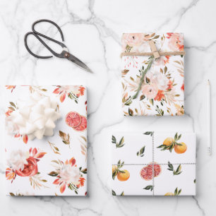 Feuille De Papier Cadeau Aquarelle florale d'agrumes rustique Pack trois