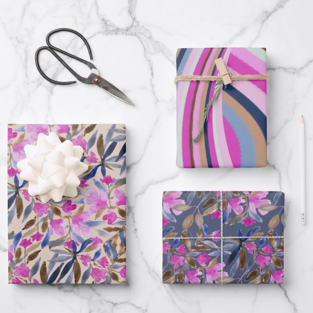 Feuille De Papier Cadeau Aquarelle florale en bleu vénitien rose cèdre (Recto)