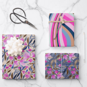 Feuille De Papier Cadeau Aquarelle Florale En Cèdre Bleu Vénitien Rose