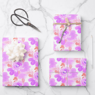 Feuille De Papier Cadeau Aquarelle florale, rose violet peint à la main