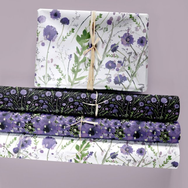 Feuille De Papier Cadeau Aquarelle Florale violet Trio Découpage Cadeau (Elegant Purple Green Black Watercolor Flowers Wrapping Paper Sheets. Jenn Steffen-Studio Posies. )