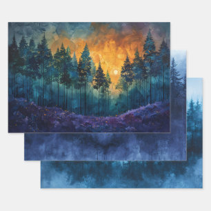 Feuille De Papier Cadeau Aquarelle Forêt Pins feuillus Découpage