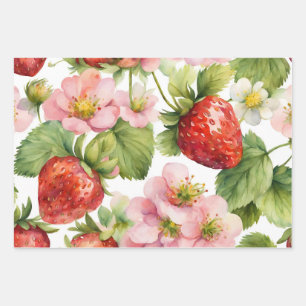 Feuille De Papier Cadeau Aquarelle Fruit fraise et Fleurs roses