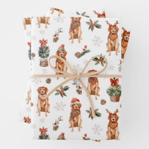 Feuille De Papier Cadeau Aquarelle Golden Retriever Chiens de Noël