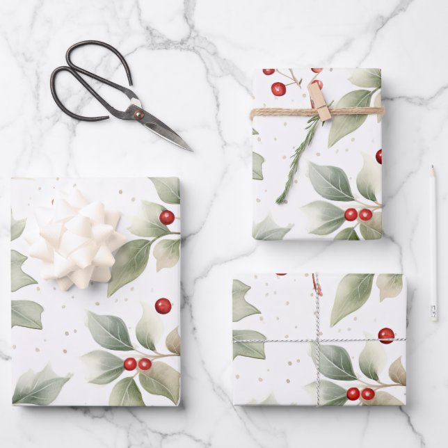 Feuille De Papier Cadeau Aquarelle Holly et Berries (Recto)