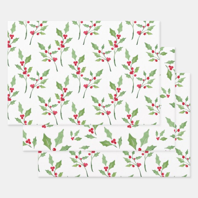 Feuille De Papier Cadeau Aquarelle Holly Motifs (Lot)