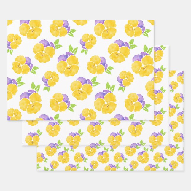 Feuille De Papier Cadeau Aquarelle jaune et violet Motif de sansy (Lot)