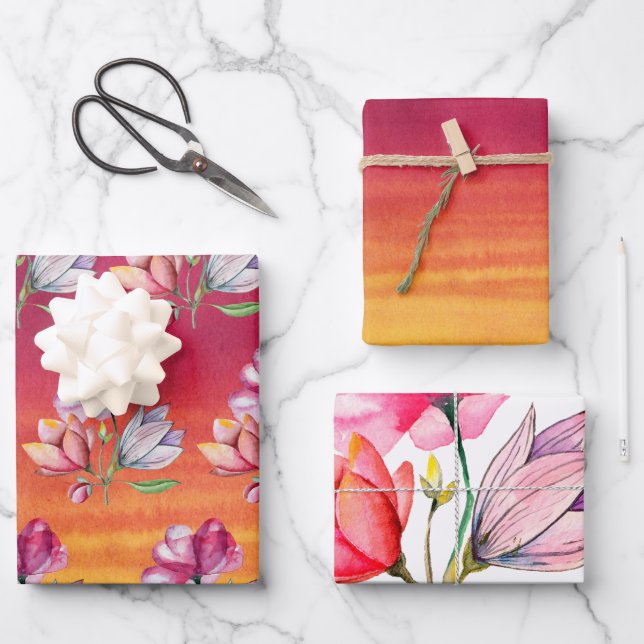 Feuille De Papier Cadeau aquarelle jaune orange rose et fleurs (Recto)