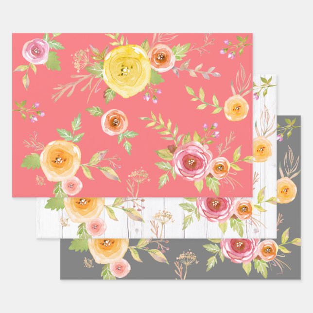 Feuille De Papier Cadeau Aquarelle jaune rose gris floral rustique élégant (Lot)