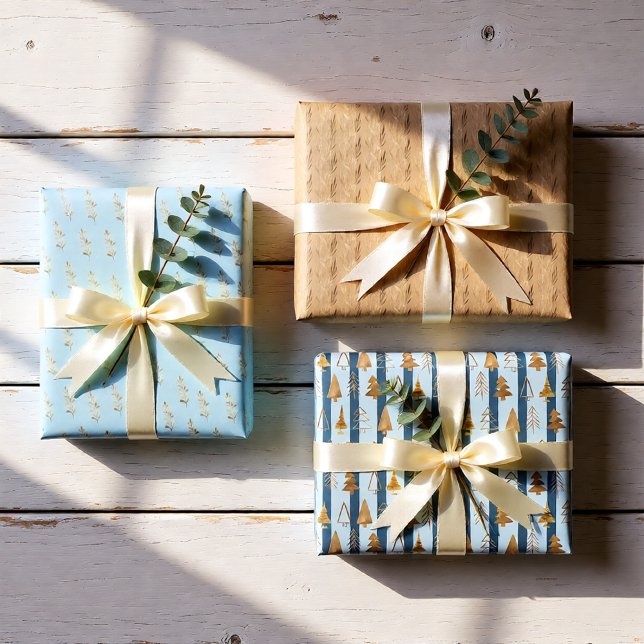 Feuille De Papier Cadeau Aquarelle jeu d'hiver doré de 3 (Elegant Gold Winter Foliage & Christmas Holiday Wrapping Paper Sheets)