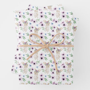 Feuille De Papier Cadeau Aquarelle Lapin de Pâques Motif Floral Cadeau Blan