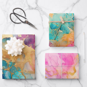 Feuille De Papier Cadeau Aquarelle Luxe Pink Blue et Gold Abstrait