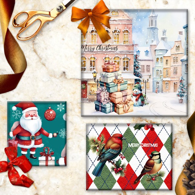 Feuille De Papier Cadeau Aquarelle mignonne Noël artistique (Cute Christmas wrapping paper sheets with Santa, snowman, watercolor snow in the city, argyle birds)
