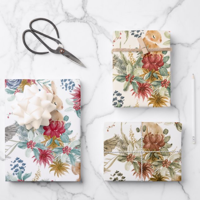 Feuille De Papier Cadeau Aquarelle mignonne Noël Bois Animaux Motif (Recto)