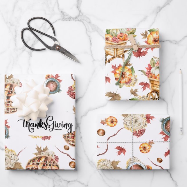Feuille De Papier Cadeau Aquarelle mignonne Thanksgiving Motif Pack trois (Recto)