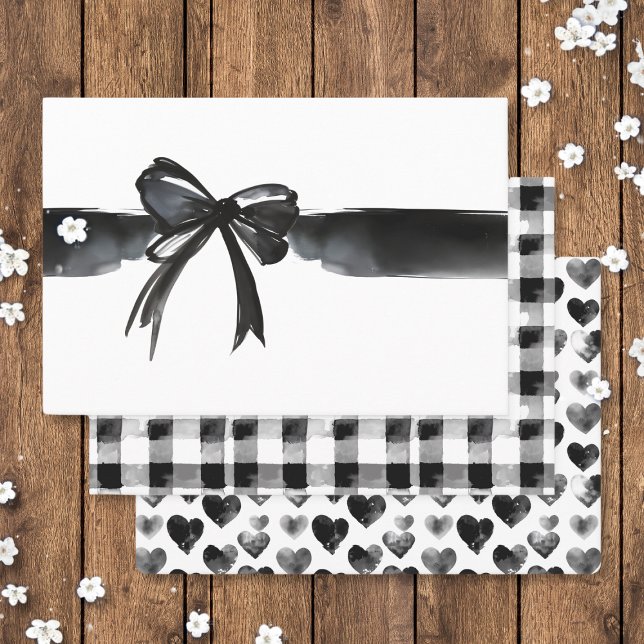 Feuille De Papier Cadeau Aquarelle moderne Bow En vichy Coeur Mariage Cadea (black white Modern Watercolor Bow Gingham Heart Wedding Gift Wrapping Paper Sheets  elegant trendy)