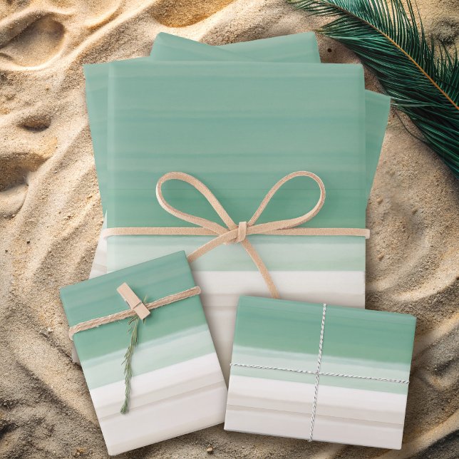 Feuille De Papier Cadeau Aquarelle moderne Ocean Beach Sable Turquoise (A modern watercolor ocean beach set of wrapping paper sheets just for you)