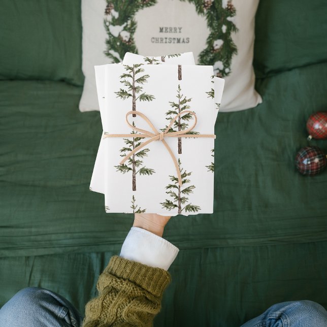 Feuille De Papier Cadeau Aquarelle moderne sapin vert de Noël (Créateur téléchargé)