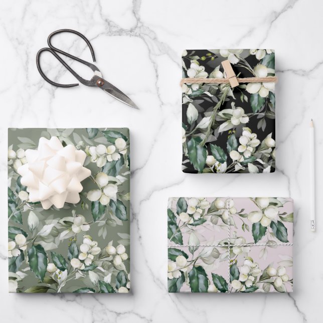 Feuille De Papier Cadeau Aquarelle motif verte des branches saintes d'hiver (Recto)