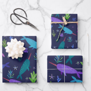 Feuille De Papier Cadeau Aquarelle Narwhals Sous La Mer Or