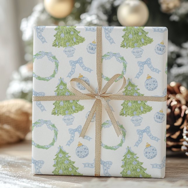 Feuille De Papier Cadeau Aquarelle Noël Bleu Bow Ginger Jar Trees (Créateur téléchargé)