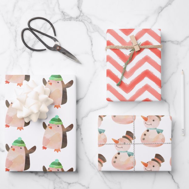 Feuille De Papier Cadeau Aquarelle Noël Pingouin Snowman enveloppement cade (Recto)