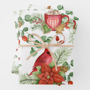 Feuille De Papier Cadeau Aquarelle Noël Poinsettia et Cardinal Rouge