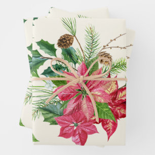 Feuille De Papier Cadeau Aquarelle Noël Poinsettia Fleurs