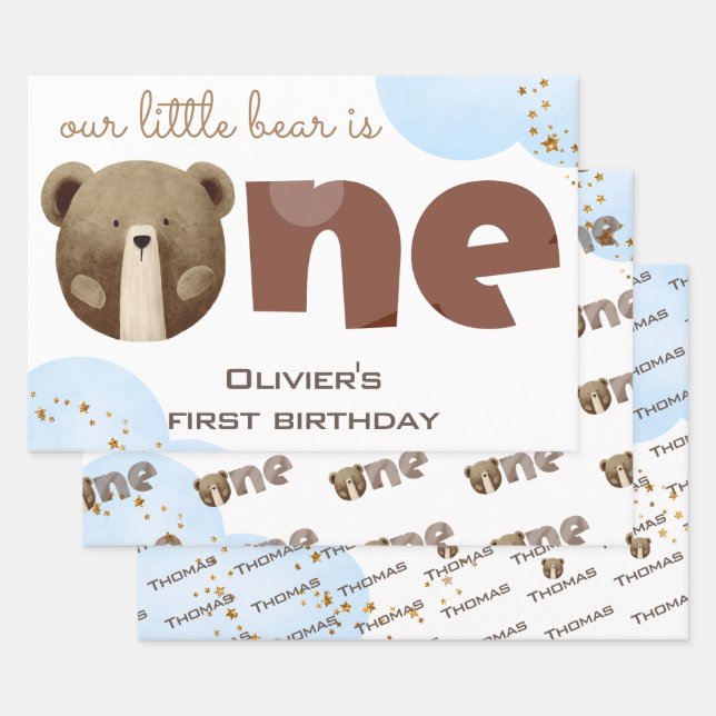 Feuille De Papier Cadeau Aquarelle notre petit ours un bébé anniversaire (Lot)