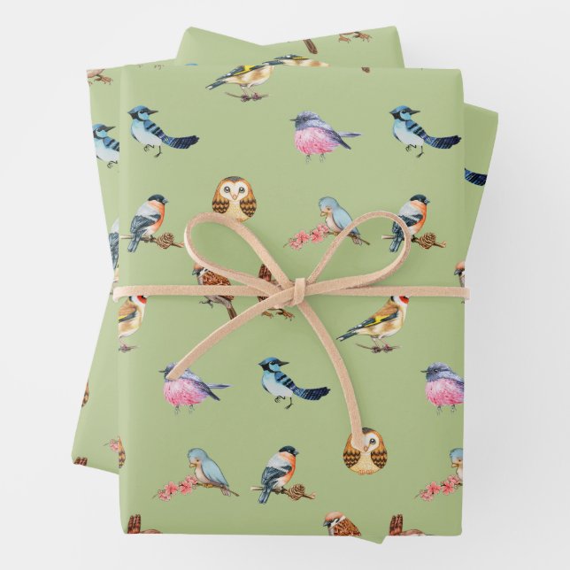 Feuille De Papier Cadeau Aquarelle Oiseaux forestiers sauvages Vert (En situation)