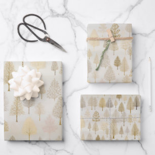 Feuille De Papier Cadeau Aquarelle or Arbres de Noël