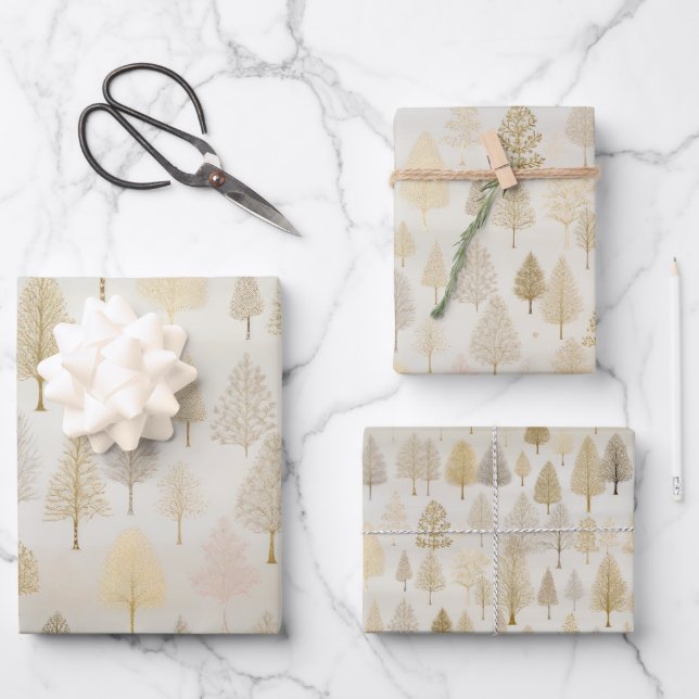 Feuille De Papier Cadeau Aquarelle or Arbres de Noël (Recto)