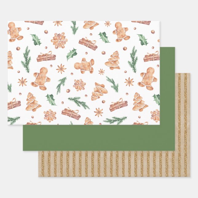 Feuille De Papier Cadeau Aquarelle pain d'épices Cookies Noël (Lot)