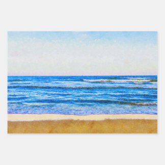 Feuille De Papier Cadeau Aquarelle paisible Style Blue Ocean & Sandy Beach