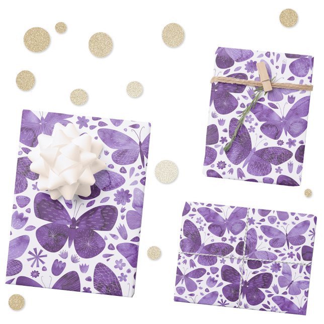 Feuille De Papier Cadeau Aquarelle papillon violet (Purple watercolor butterfly gift wrapping paper sheets)